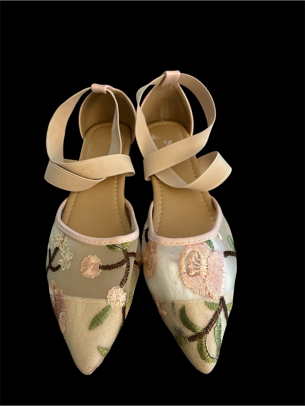 Women's Pink Floral Embroidered Crisscross Ankle- Strap Pointy Flats